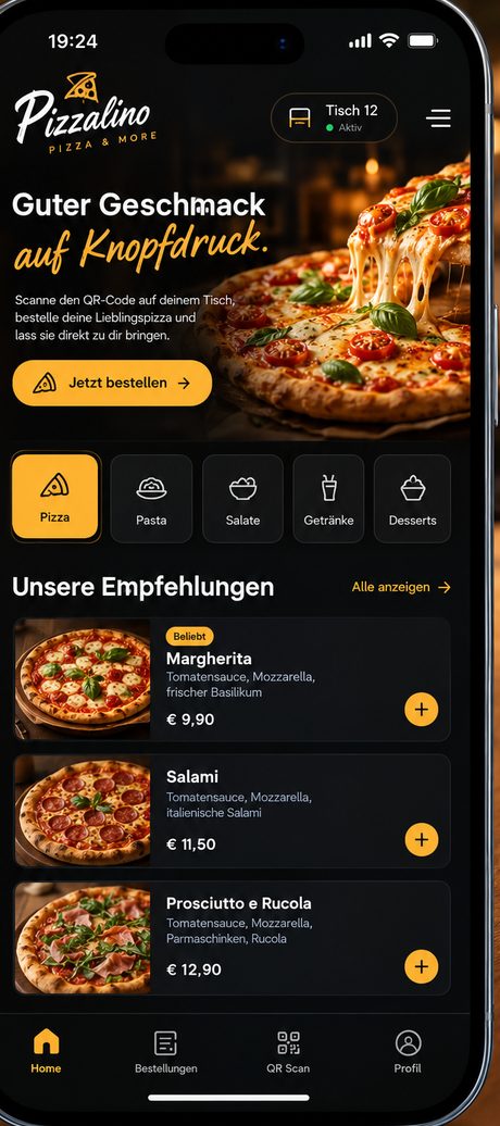 App-Design Pizzalino QR-Menü